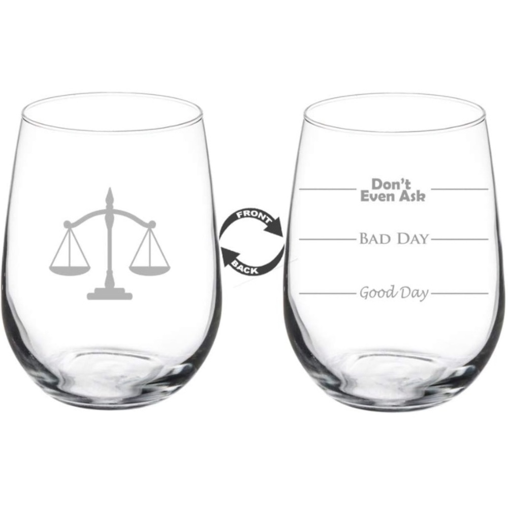 Funny stemless wine glass with scales of justice